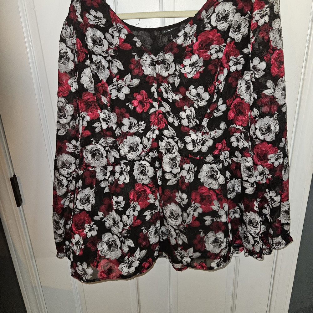 Torrid Black Top with Red and White Floral Design